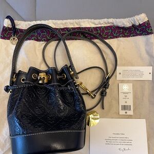 Tory Burch T Monogram Leather Mini Bucket Bag Midnight
